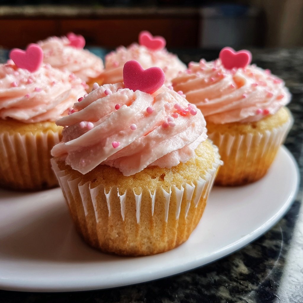 Cupcakes mit Herzdekor und Erdbeerfrosting