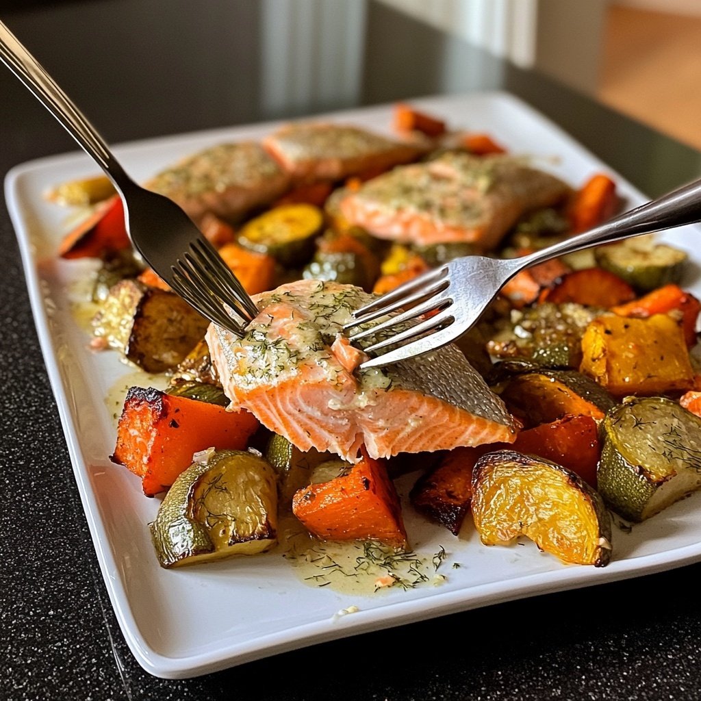 Lachs mit Ofengemüse & Zitronen-Dill-Sauce
